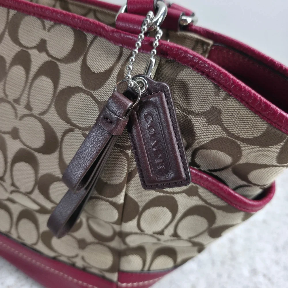 Coach Taylor Signature Tote Khaki Magenta Pink Leather Trim F23297 Bag